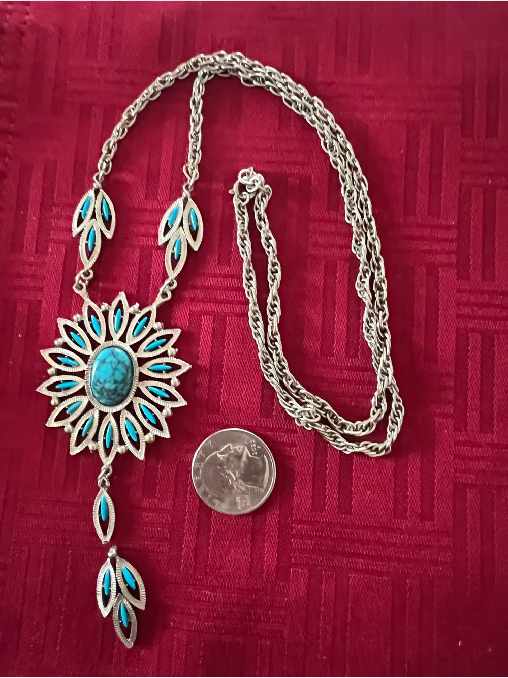 Vintage Faux Turquoise Pendant Silver Tone Braided Chain Unique